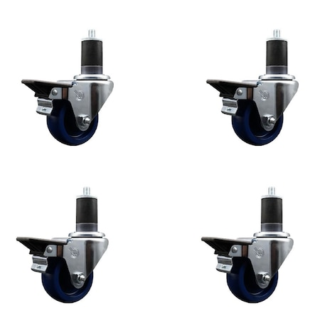 Service Caster 3'' Solid Poly Swivel 1-5/8'' Expanding Stem Caster Set with Brake, 4PK SCC-EX20S314-SPUS-PLB-158-4